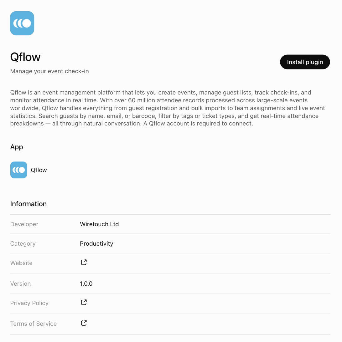 The Qflow listing page in the ChatGPT plugin directory